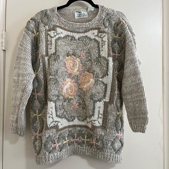 Vtg Cottage Hand knitted Womens Sweater Ramie Embroidered Flower Grandma M Cozy - Picture 1 of 8